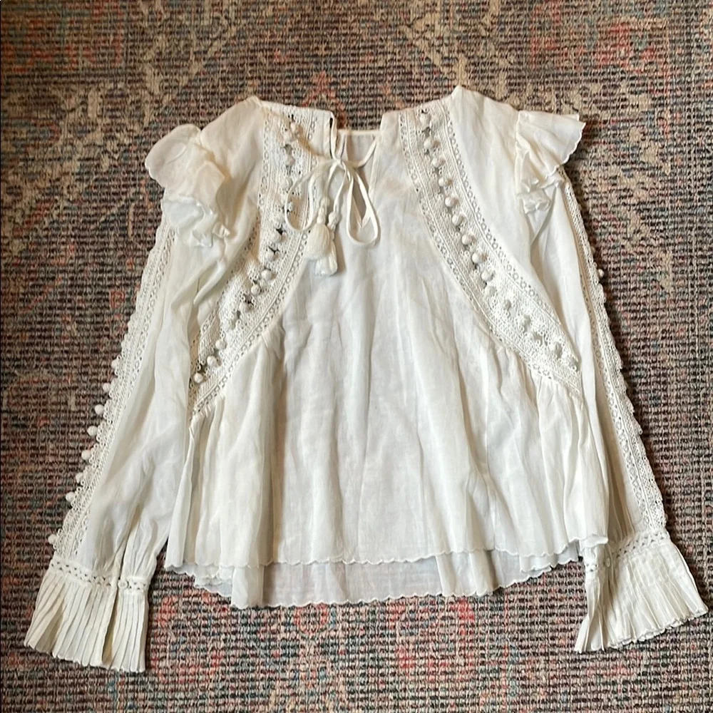 Sea New York Esther PomPom Ruffle Blouse in White Ivory